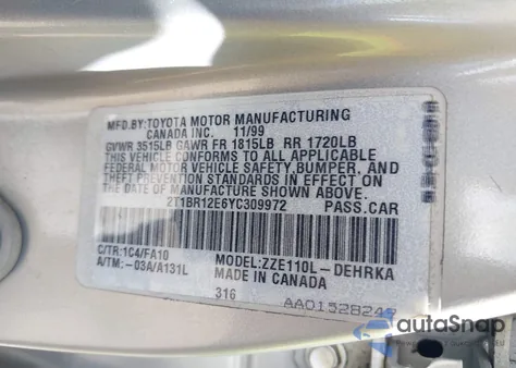 2000 Toyota Corolla Ve z USA, uszkodzony, nr VIN 2T1BR12E6YC309972